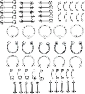 Nostril Piercing Jewelry, Stainless Steel Piercing Jewelry Ring 60pcs Lip Ring 1.2mm Thickness Circle U Shape Barbell Piercing Jewelry Vacation Gift