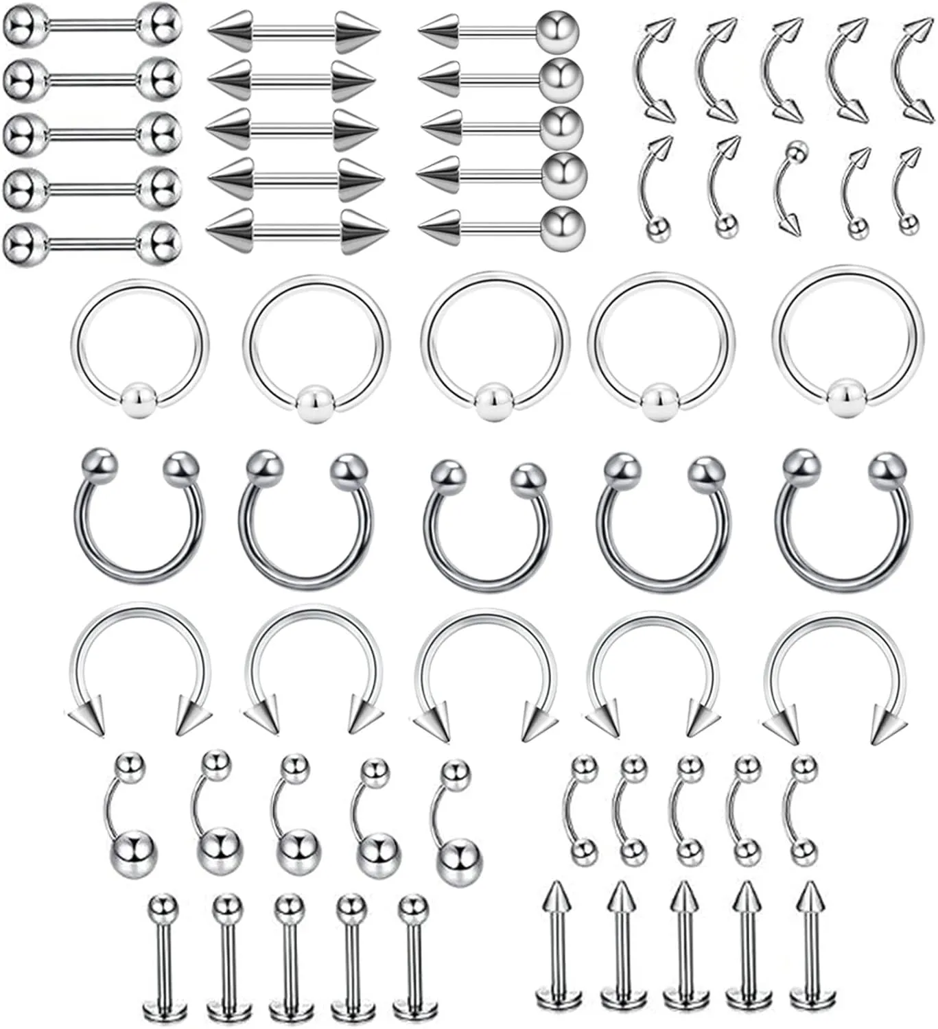 Nostril Piercing Jewelry, Stainless Steel Piercing Jewelry Ring 60pcs Lip Ring 1.2mm Thickness Circle U Shape Barbell Piercing Jewelry Vacation Gift