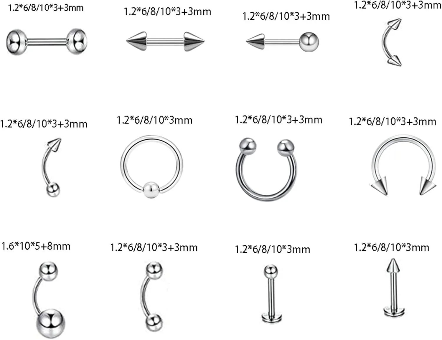 Nostril Piercing Jewelry, Stainless Steel Piercing Jewelry Ring 60pcs Lip Ring 1.2mm Thickness Circle U Shape Barbell Piercing Jewelry Vacation Gift
