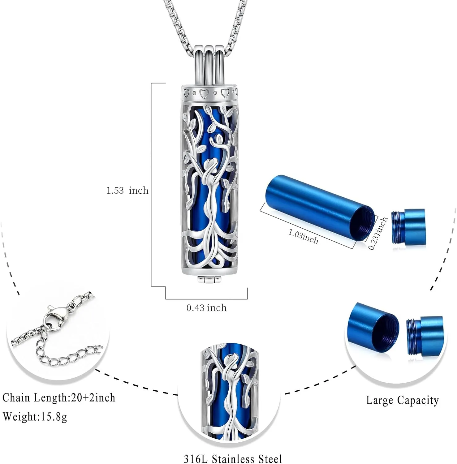 Oinsi Cylinder Urn Necklace for Ashes Angel Tree of Life Cremation Jewelry Hollow Cylinder Vial Pendant Necklace Memorail Ashes Lockets for Loved Ones