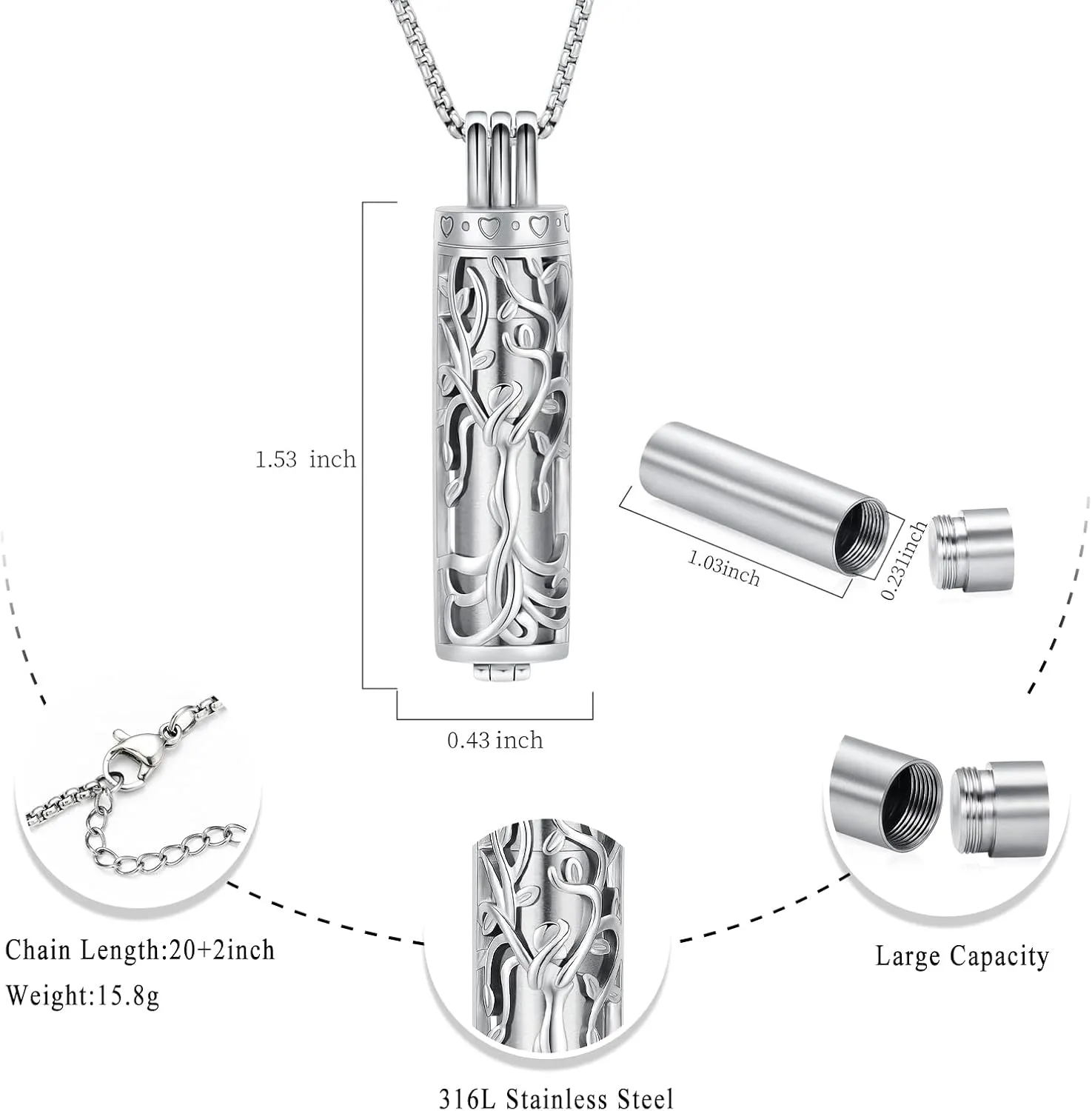 Oinsi Cylinder Urn Necklace for Ashes Angel Tree of Life Cremation Jewelry Hollow Cylinder Vial Pendant Necklace Memorail Ashes Lockets for Loved Ones