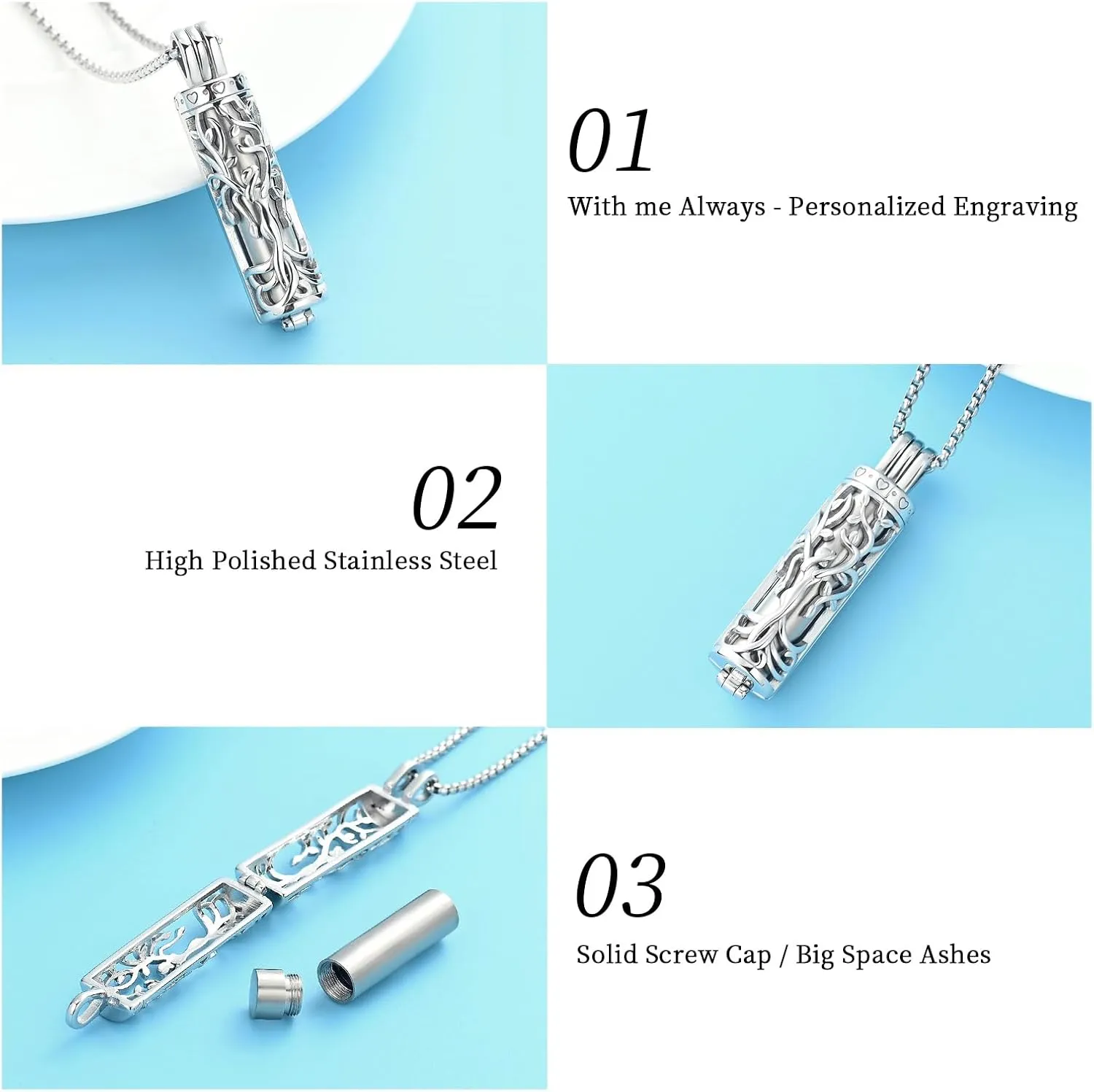 Oinsi Cylinder Urn Necklace for Ashes Angel Tree of Life Cremation Jewelry Hollow Cylinder Vial Pendant Necklace Memorail Ashes Lockets for Loved Ones