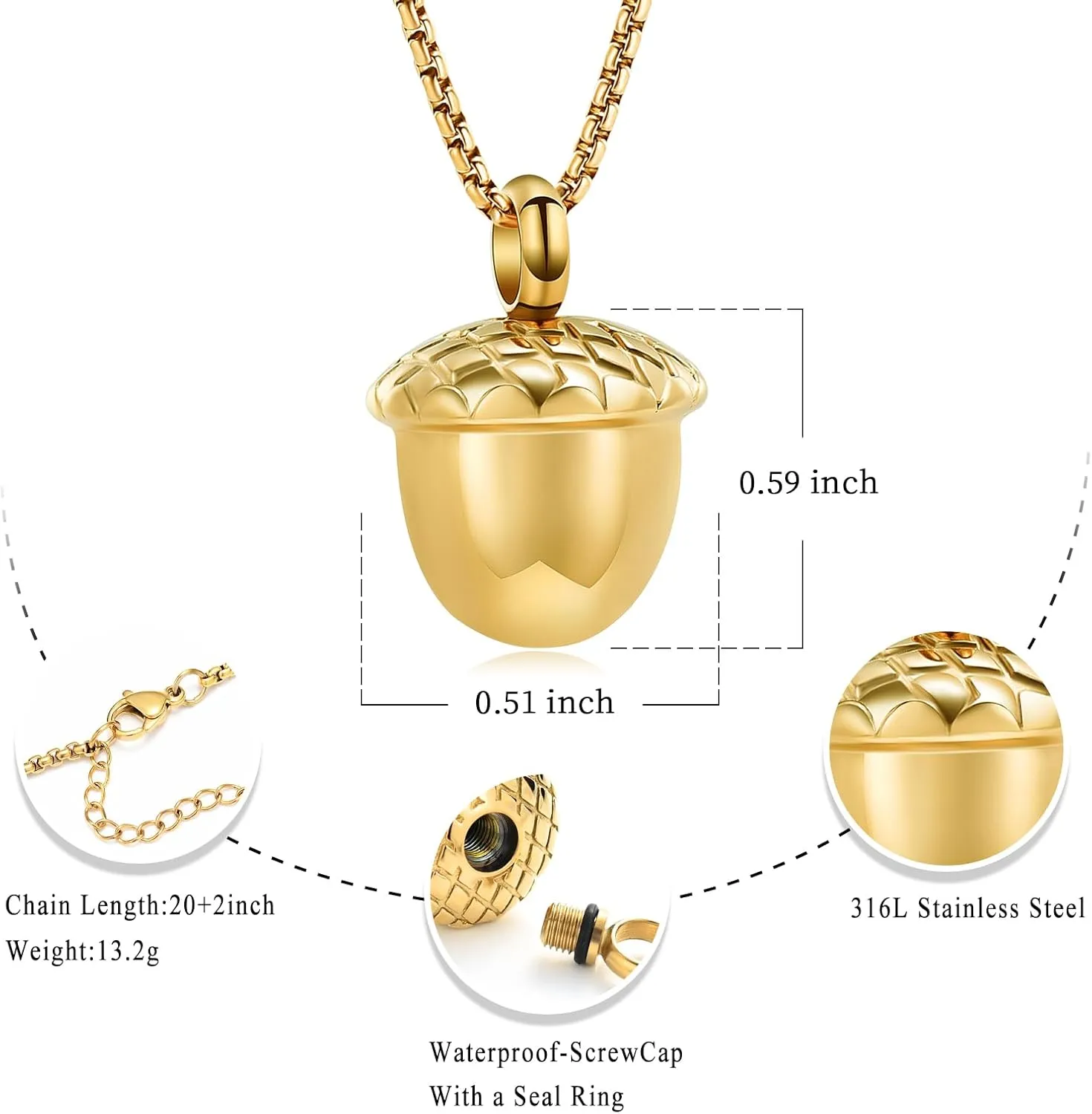 Oinsi Little Acorn Cremation Pendant Ashes Urn Necklace for Cremation - Stainless Steel