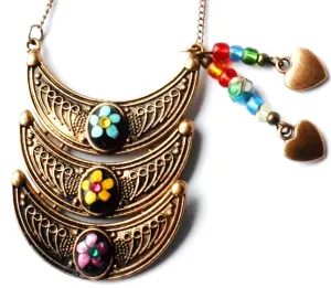 One of a Kind Antiqued Gold Boho Layered Bib Heart Charm Necklace with Colorful Hand Painted Flowers and Sparkling Crystal Rhinestones Spring Summer Bohemian Jewelry