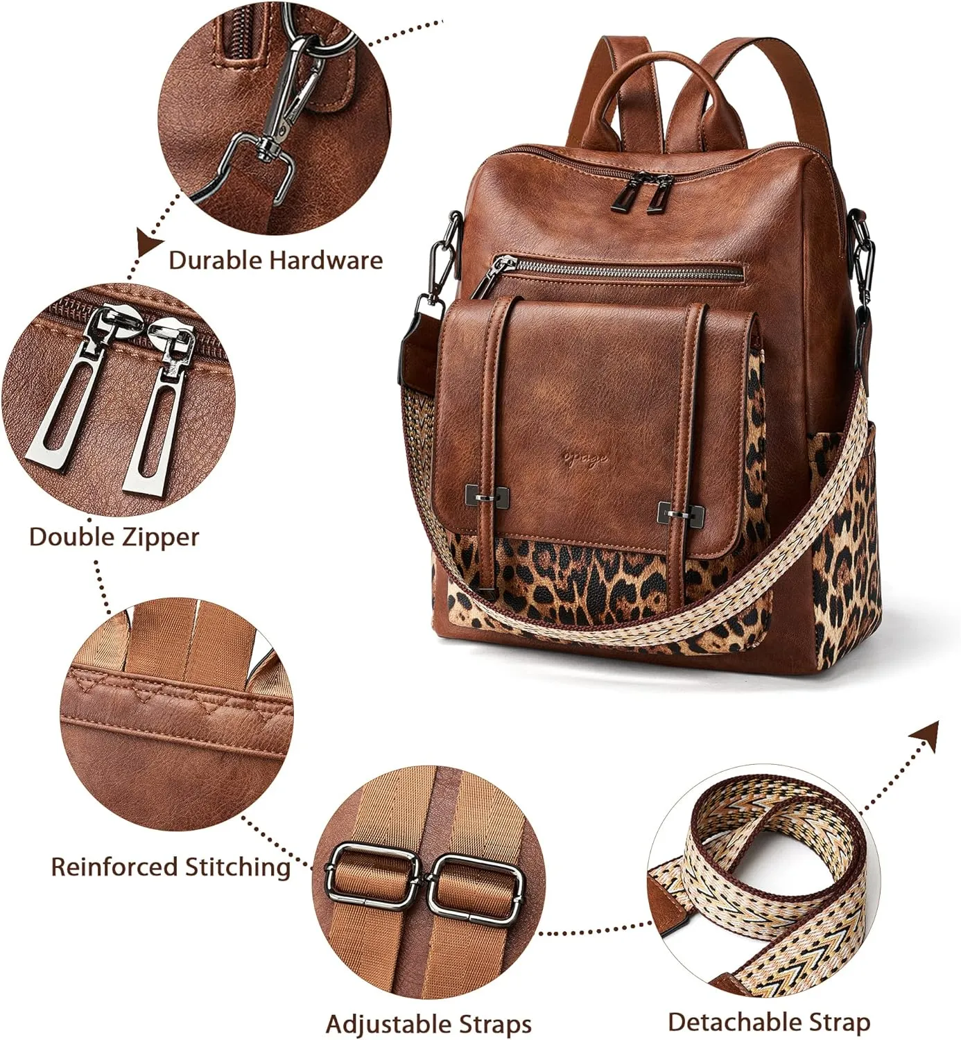 OPAGE Backpack Purse for Women Leather Backpack Purse Travel Backpack Fashion Designer Ladies Shoulder Bags With Wristlets-Brown