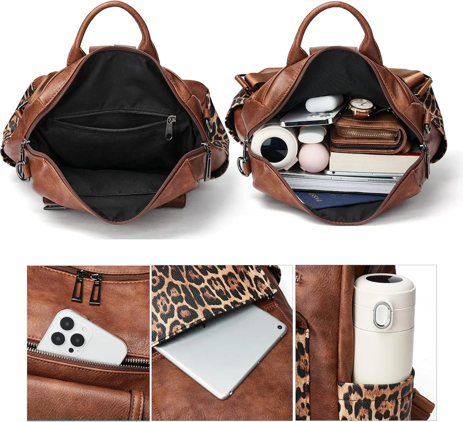 OPAGE Backpack Purse for Women Leather Backpack Purse Travel Backpack Fashion Designer Ladies Shoulder Bags With Wristlets-Brown