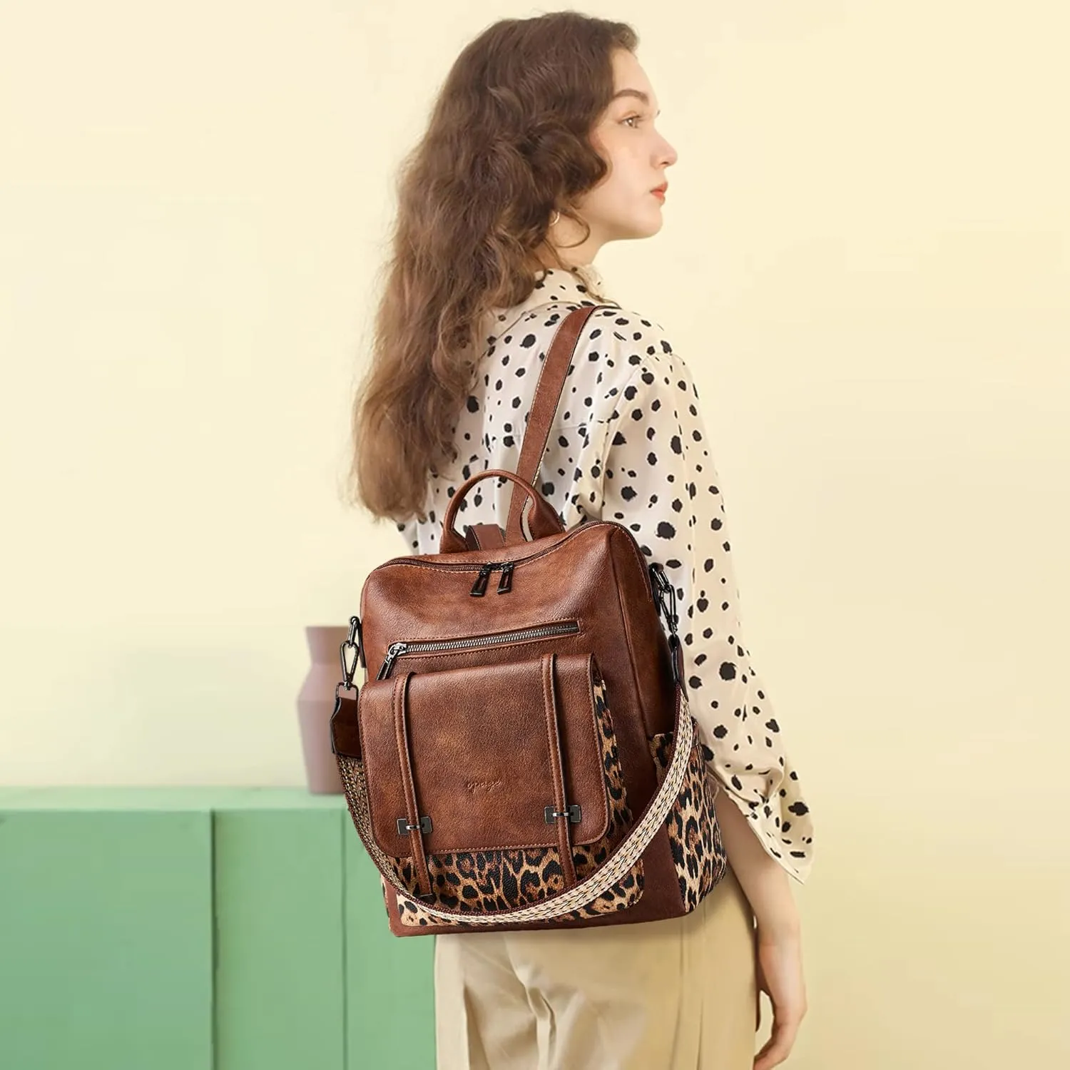 OPAGE Backpack Purse for Women Leather Backpack Purse Travel Backpack Fashion Designer Ladies Shoulder Bags With Wristlets-Brown