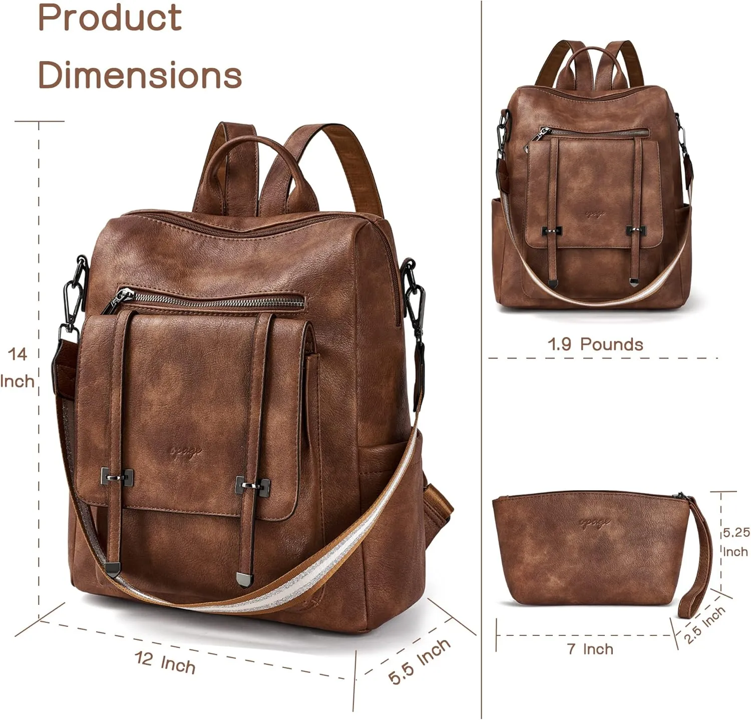 OPAGE Backpack Purse for Women Leather Backpack Purse Travel Backpack Fashion Designer Ladies Shoulder Bags With Wristlets,14-in Height