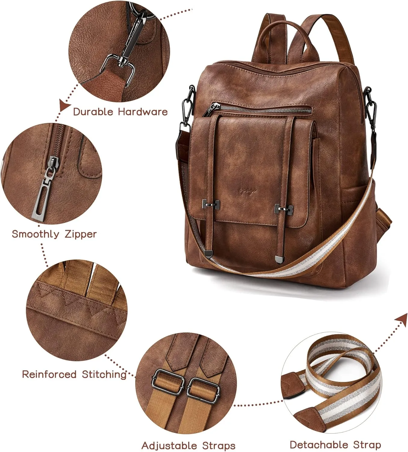 OPAGE Backpack Purse for Women Leather Backpack Purse Travel Backpack Fashion Designer Ladies Shoulder Bags With Wristlets,14-in Height