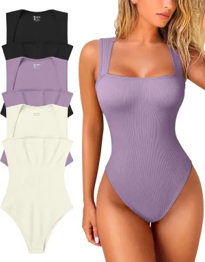 OQQ Women's 3 Piece Bodysuits Sexy Ribbed Strappy Square Neck Sleeveless Tummy Control Tank Tops Bodysuits