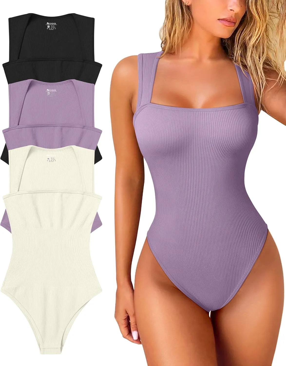 OQQ Women's 3 Piece Bodysuits Sexy Ribbed Strappy Square Neck Sleeveless Tummy Control Tank Tops Bodysuits