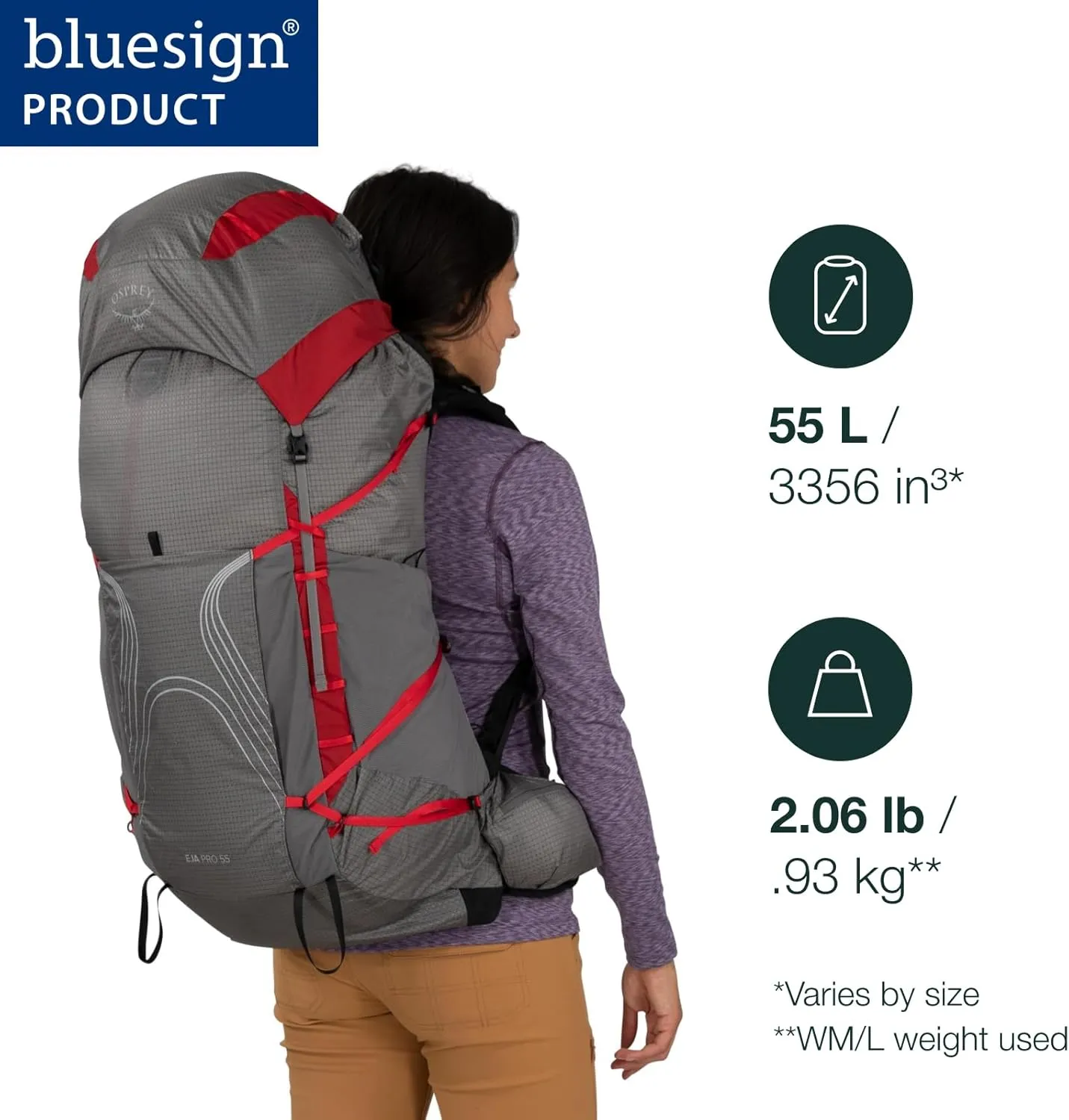 Osprey Eja Pro 55L Women's Backpacking Backpack, Dale Grey/Poinsettia Red, WXS/S