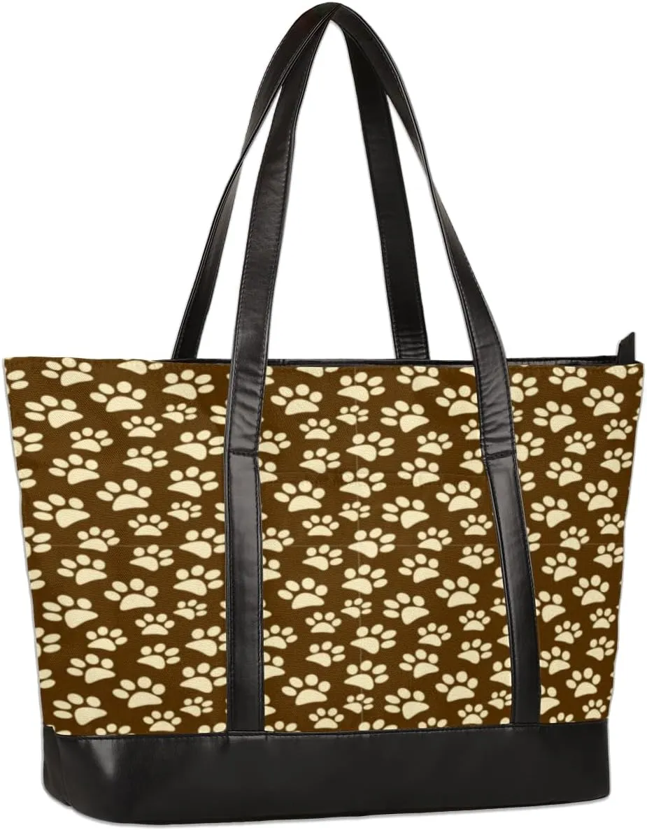 Paw Prints Brown Laptop Bag for Women 15.6 Inch Laptop Tote Bag Vintage Cute Work Bag Womens Briefcase Business Office Computer Tote Bag Handbag