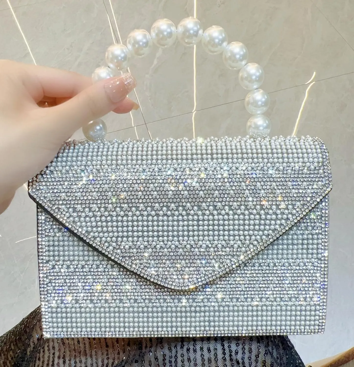 Pearl Clutch Purse for Women, Beaded Evening Handbag, Envelope Crossbody Shoulder Bag, Sparkly Top-handle Totes