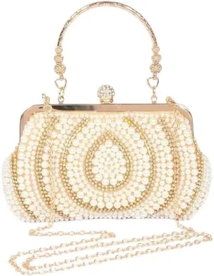 Pearl Rhinestone Artificial Beaded Top Handle Clutch Bag Bridal Evening Purse brides, bridesmaids Cocktail Party Bag