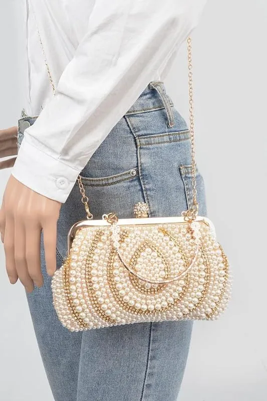 Pearl Rhinestone Artificial Beaded Top Handle Clutch Bag Bridal Evening Purse brides, bridesmaids Cocktail Party Bag