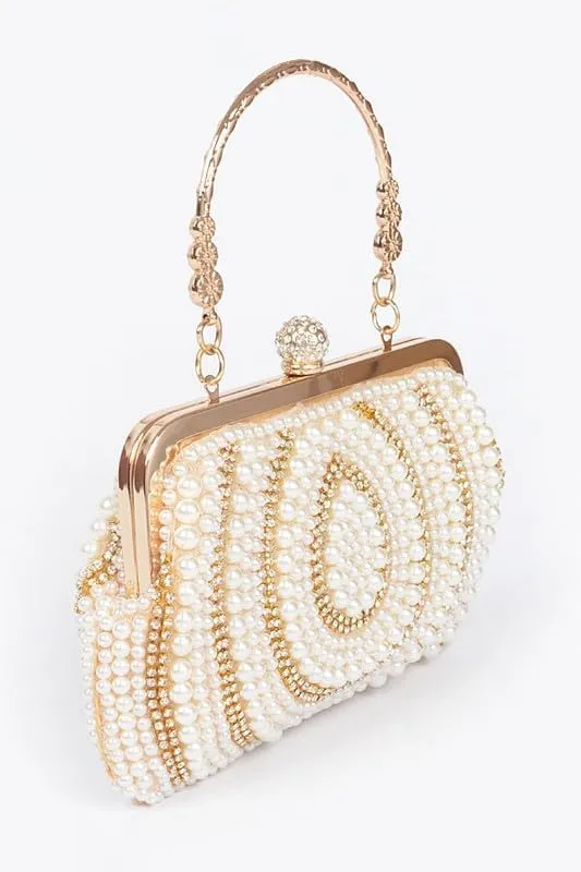 Pearl Rhinestone Artificial Beaded Top Handle Clutch Bag Bridal Evening Purse brides, bridesmaids Cocktail Party Bag