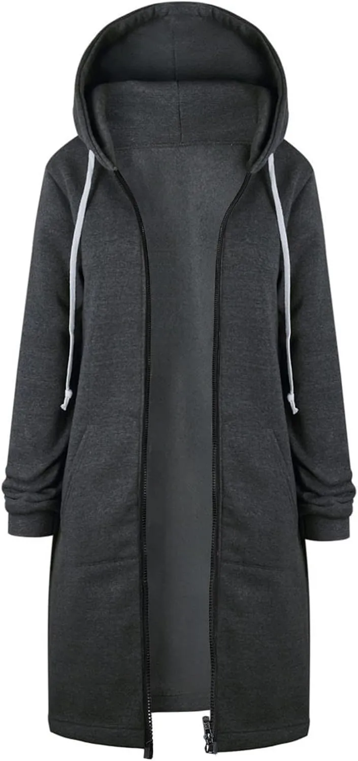 PeQAQ Women's 2024 Plus Size Hooded Coat Lightweight Fall Jacket Long Zipper Sweatshirts Fashion Trendy Casual Trench Coat