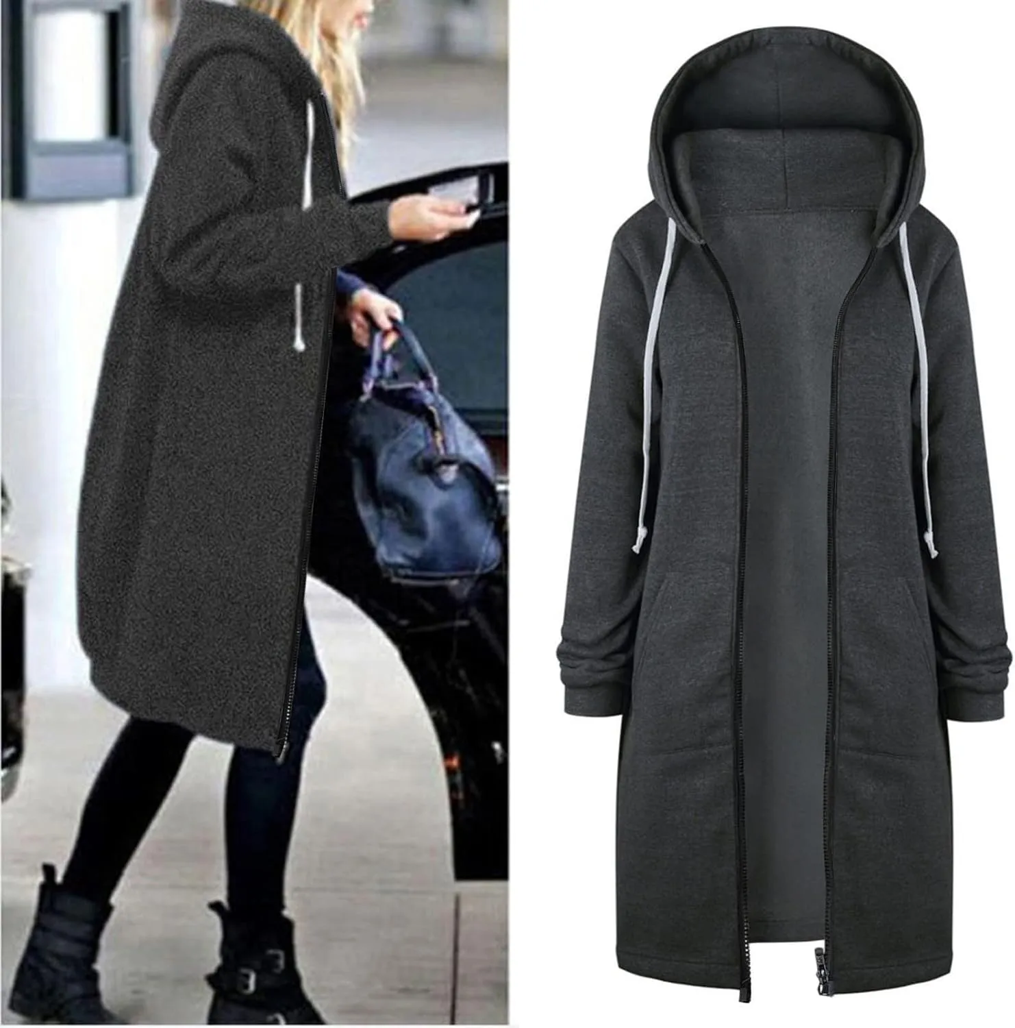 PeQAQ Women's 2024 Plus Size Hooded Coat Lightweight Fall Jacket Long Zipper Sweatshirts Fashion Trendy Casual Trench Coat
