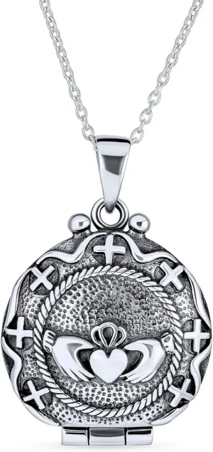 Personalized BFF Vintage Style Lucky Green Shamrock Clover Round Celtic Irish Two Photo Heart Oval Round Memorial Claddagh Hold Pictures Locket Necklace For Women .925 Sterling Silver Customizable