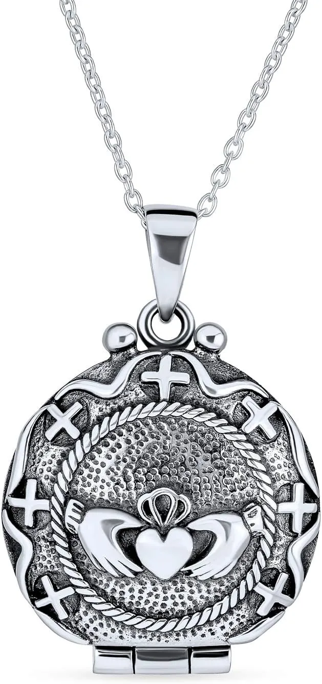 Personalized BFF Vintage Style Lucky Green Shamrock Clover Round Celtic Irish Two Photo Heart Oval Round Memorial Claddagh Hold Pictures Locket Necklace For Women .925 Sterling Silver Customizable