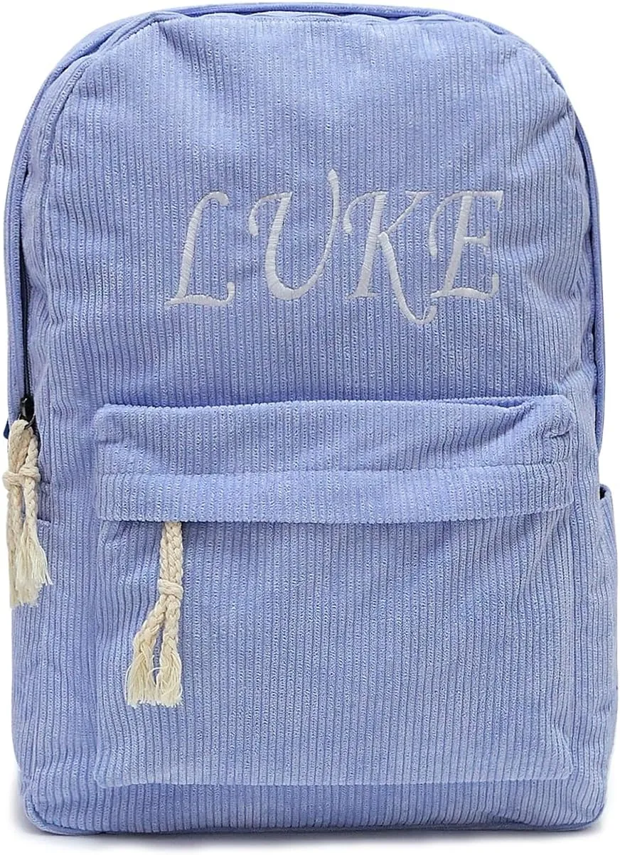 Personalized Corduroy Backpack for Women with Embroidery Name,Large College Backpacks, Lightweight Travel Backpacks (blue)