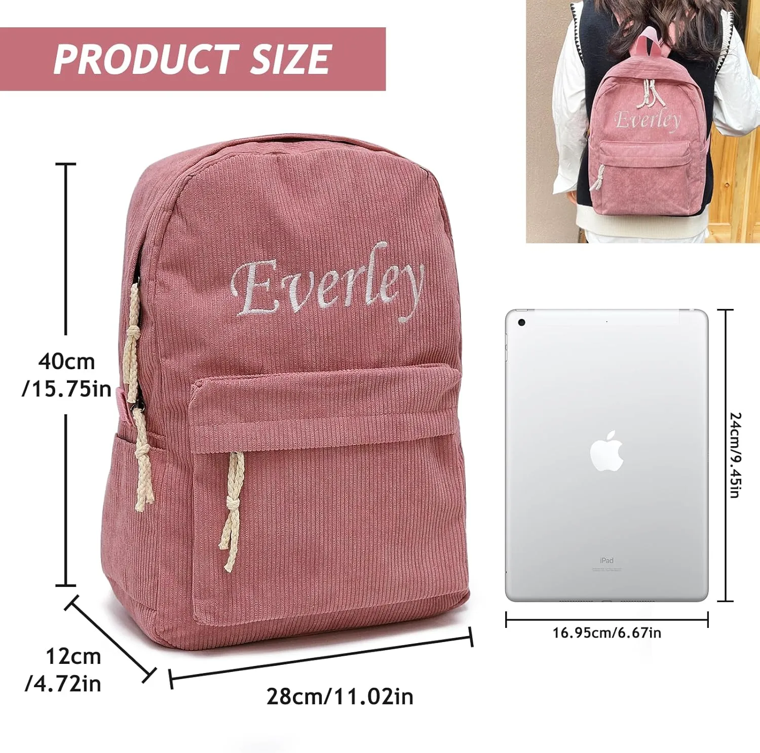 Personalized Corduroy Backpack for Women with Embroidery Name,Large College Backpacks, Lightweight Travel Backpacks (blue)