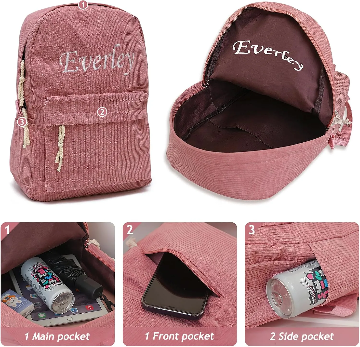 Personalized Corduroy Backpack for Women with Embroidery Name,Large College Backpacks, Lightweight Travel Backpacks (blue)