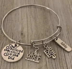 Personalized Engraved Music Charm Bracelet - Music She Believed She Could Jewelry - Music Gift - Guitar Jewelry - Music Note-Music Lover Jewelry Gift
