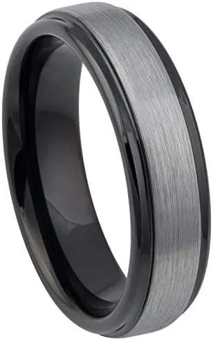 Personalized laser engraving Ring for Men and Ring for Women tungsten Band Rings 6mm Two-tone Black IP Gun Metal Brushed Center Stepped Edge Wedding Band Ring Ideal Rings for couples