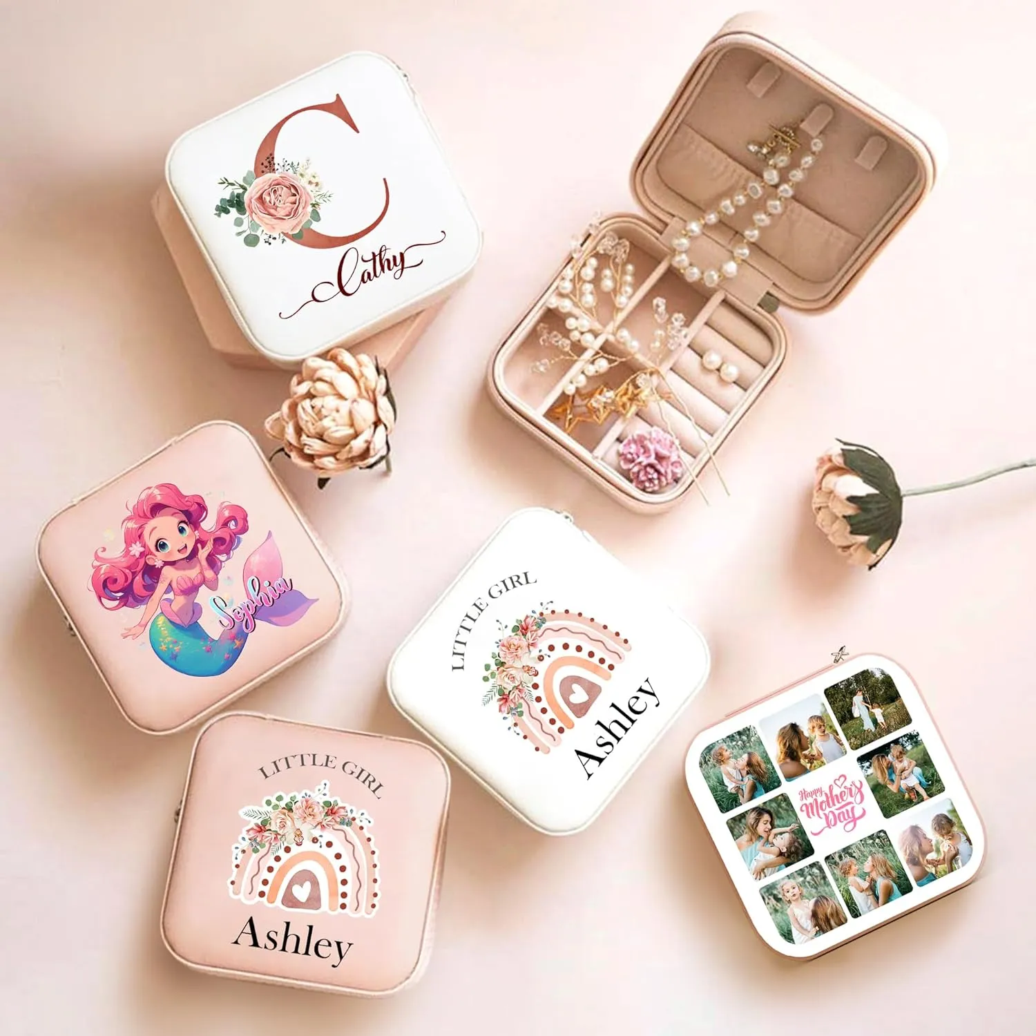 Personalized Leather Jewelry Box for Girls Rainbow Jewelry Box Travel Case Small Jewelry Organizer Ring Case Kids Birthday Christening Gift