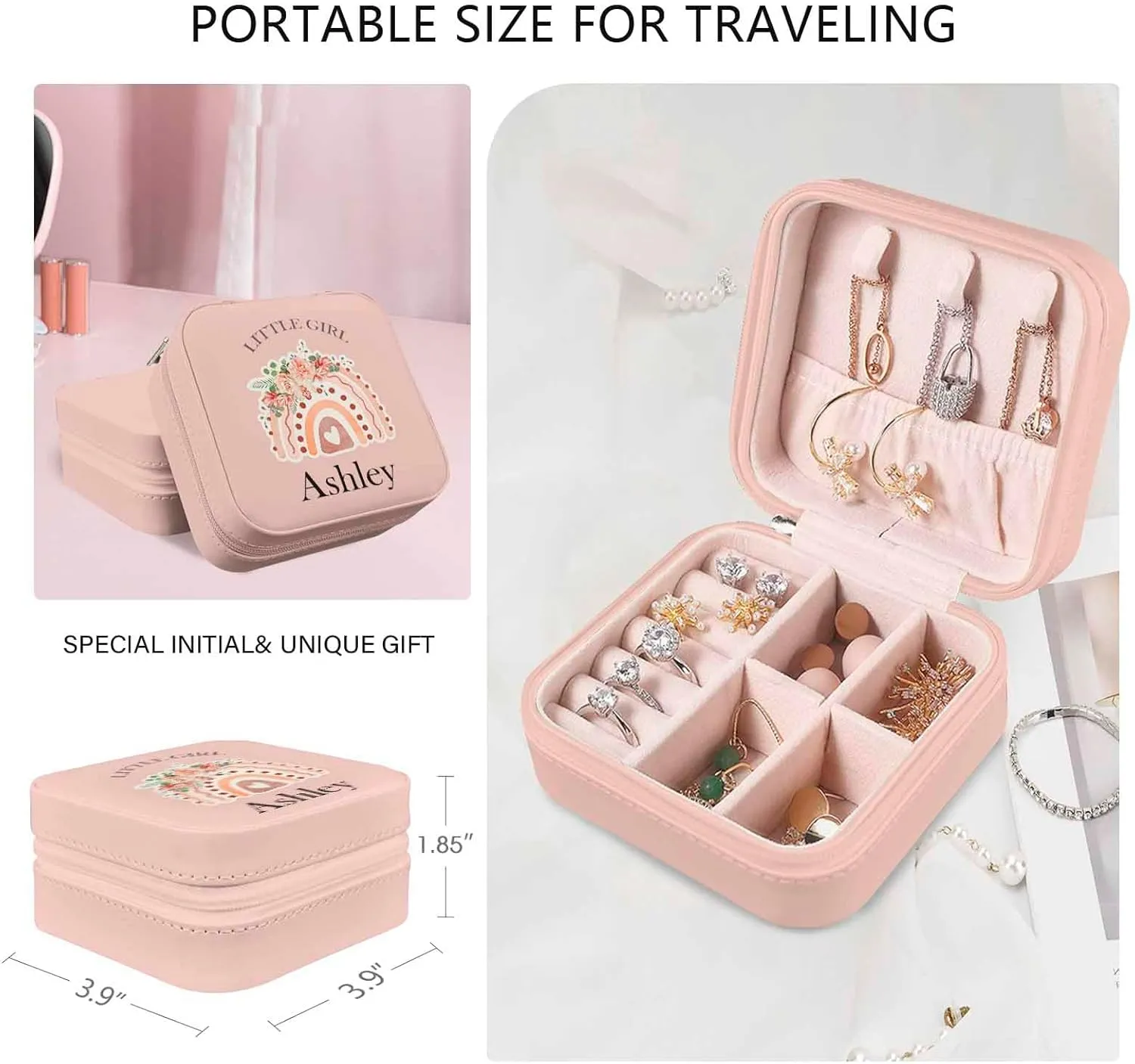Personalized Leather Jewelry Box for Girls Rainbow Jewelry Box Travel Case Small Jewelry Organizer Ring Case Kids Birthday Christening Gift