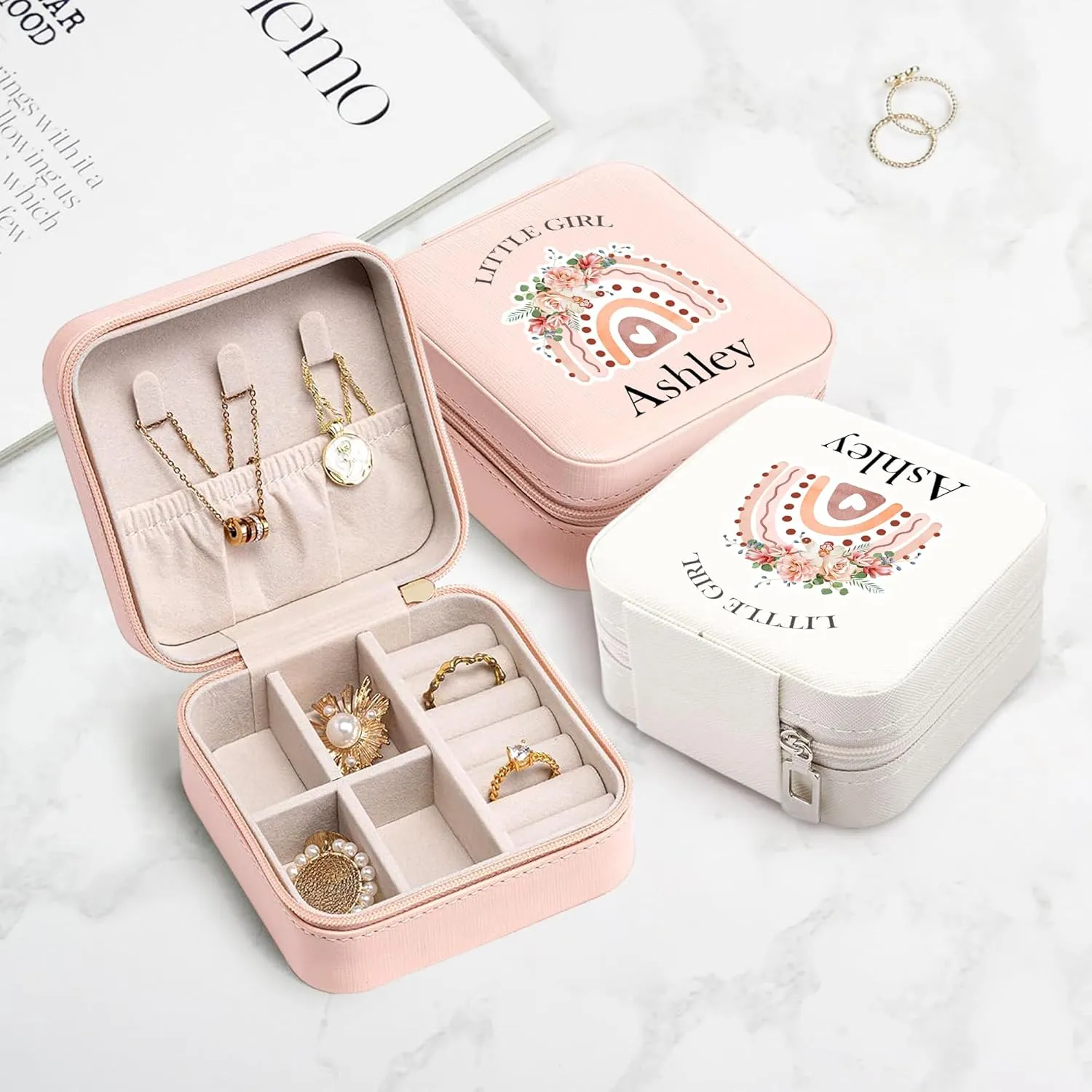 Personalized Leather Jewelry Box for Girls Rainbow Jewelry Box Travel Case Small Jewelry Organizer Ring Case Kids Birthday Christening Gift