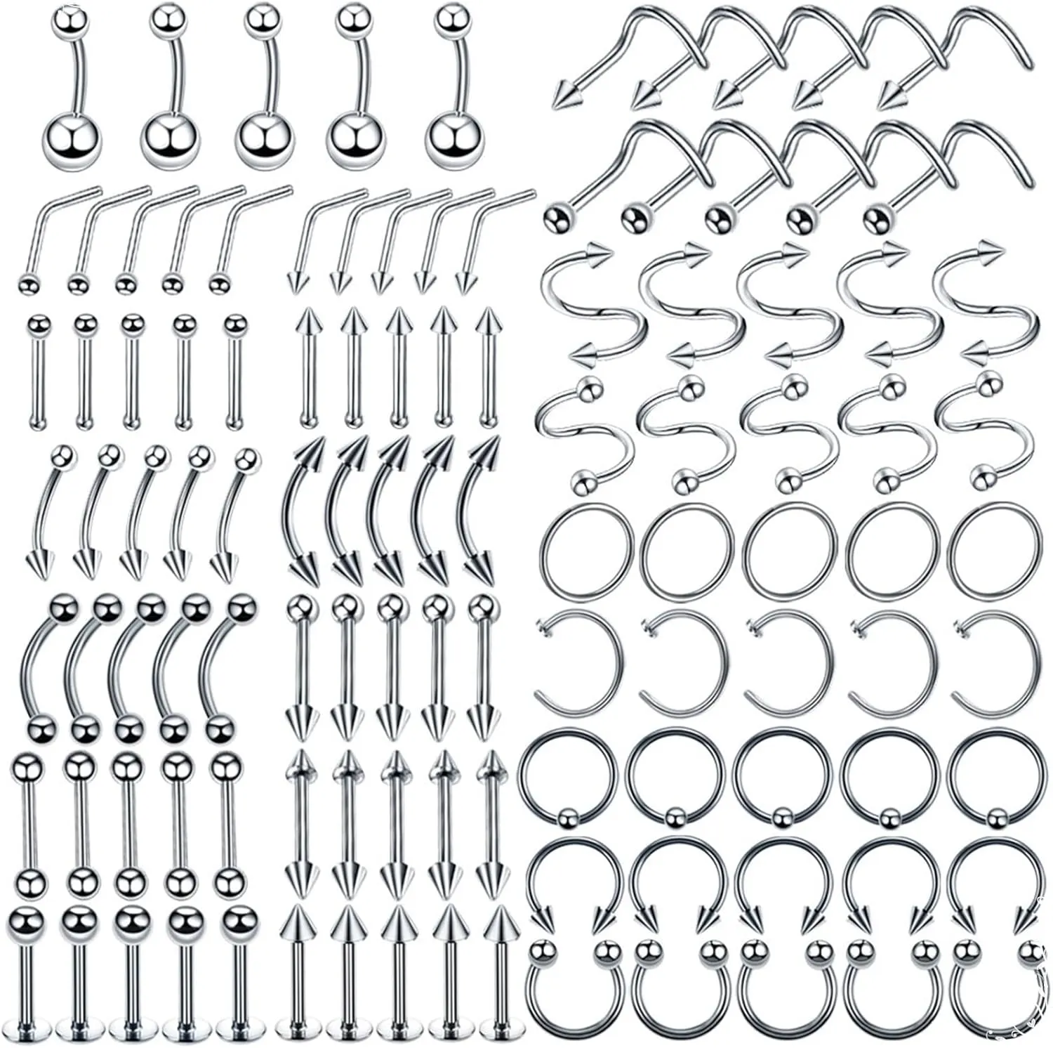 Piercing Jewelry Set, Cartilage Piercing Jewelry Surgical Steel 110pcs Nose Ring Straight Rod and Curved Rod C Shape Piercing Jewelry Gift