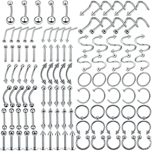 Piercing Jewelry Set, Cartilage Piercing Jewelry Surgical Steel 110pcs Nose Ring Straight Rod and Curved Rod C Shape Piercing Jewelry Gift