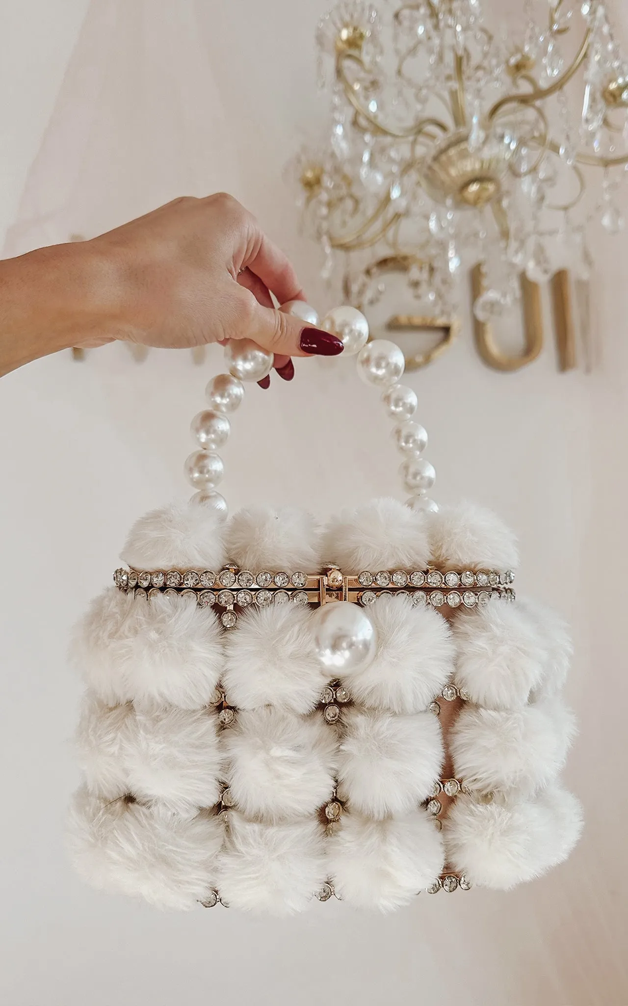 Pompom Champagne Fur Rhinestone Embellished Pearl Top Handle Party Clutch Bag