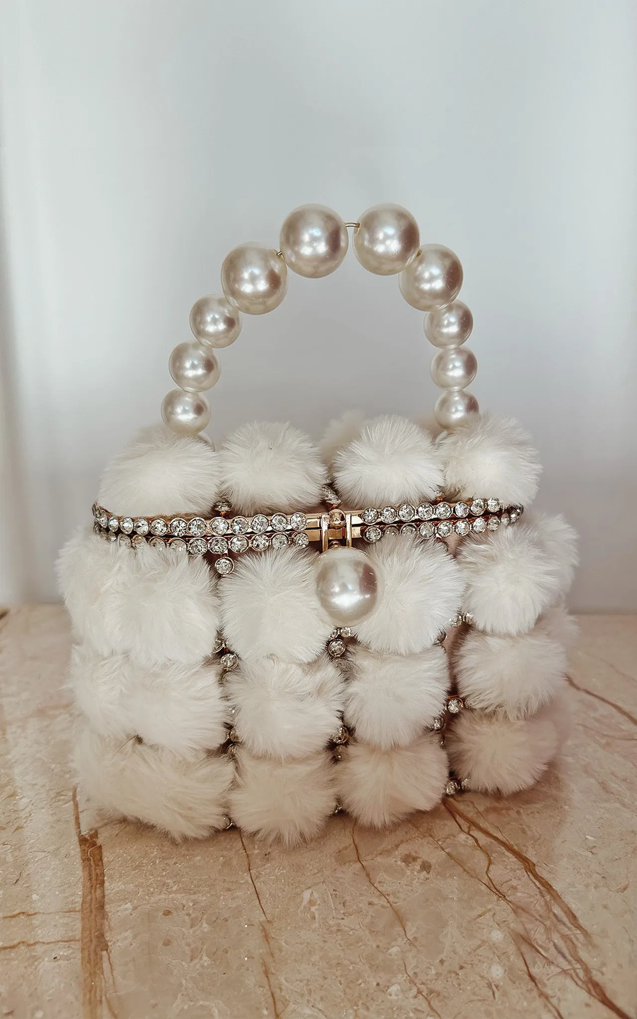 Pompom Champagne Fur Rhinestone Embellished Pearl Top Handle Party Clutch Bag