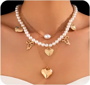 Puffy Heart Layered Necklaces for Women,Gold Bow Heart Pendant Stack Necklaces Pearl Beaded Choker Necklace,Charm Valentines Jewelry Accessories Gifts