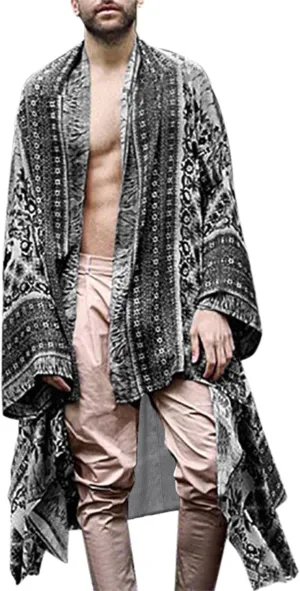 RAGEMALL Men Long Cardigan Loose Open Front Ruffle Shawl Collar Drape Cape Vintage Cloak
