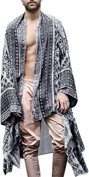RAGEMALL Men Long Cardigan Loose Open Front Ruffle Shawl Collar Drape Cape Vintage Cloak