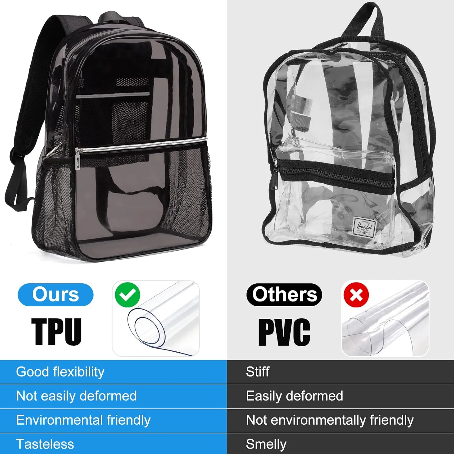 REAWUL Clear Backpack Heavy Duty Large TPU Transparent Backpacks See Through Backpacks for Security Travel,College. (Black)