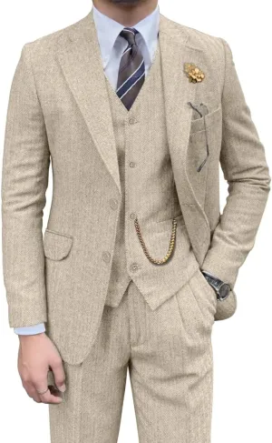 Retro Mens 3 Piece Suit Tweed Herringbone Slim Fit Suits Groomsmen Brown Tuxedos Set Prom Jacket Blazer Vest Pants for Men