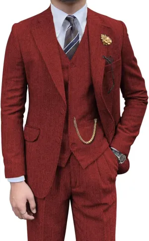 Retro Mens 3 Piece Suit Tweed Herringbone Slim Fit Suits Groomsmen Brown Tuxedos Set Prom Jacket Blazer Vest Pants for Men