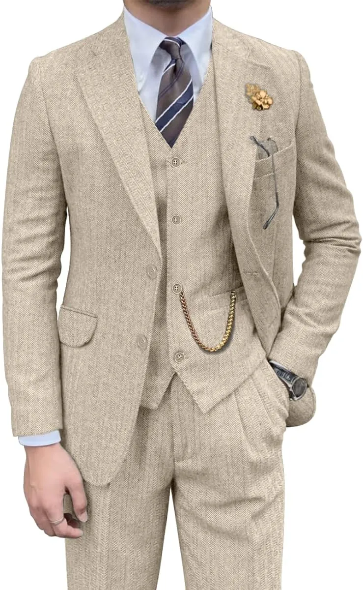 Retro Mens 3 Piece Suit Tweed Herringbone Slim Fit Suits Groomsmen Brown Tuxedos Set Prom Jacket Blazer Vest Pants for Men