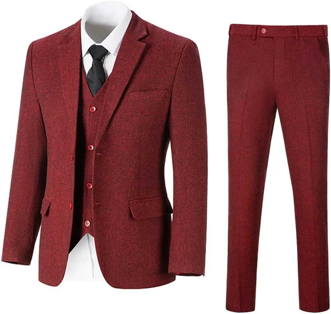 Retro Mens 3 Piece Suit Tweed Herringbone Slim Fit Suits Groomsmen Brown Tuxedos Set Prom Jacket Blazer Vest Pants for Men