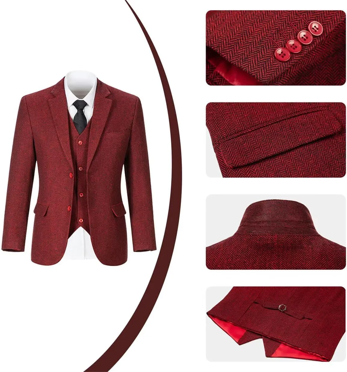 Retro Mens 3 Piece Suit Tweed Herringbone Slim Fit Suits Groomsmen Brown Tuxedos Set Prom Jacket Blazer Vest Pants for Men