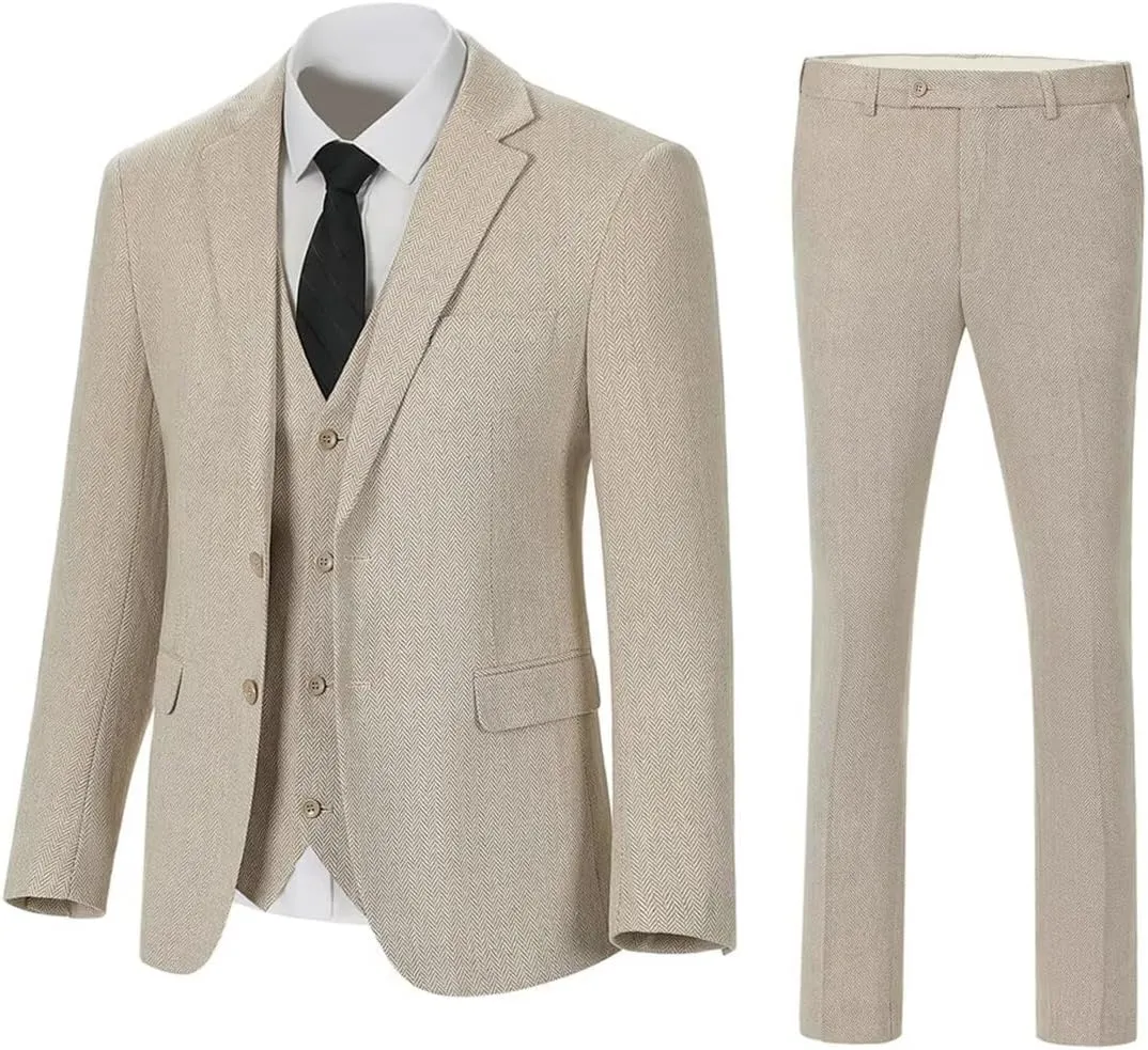 Retro Mens 3 Piece Suit Tweed Herringbone Slim Fit Suits Groomsmen Brown Tuxedos Set Prom Jacket Blazer Vest Pants for Men
