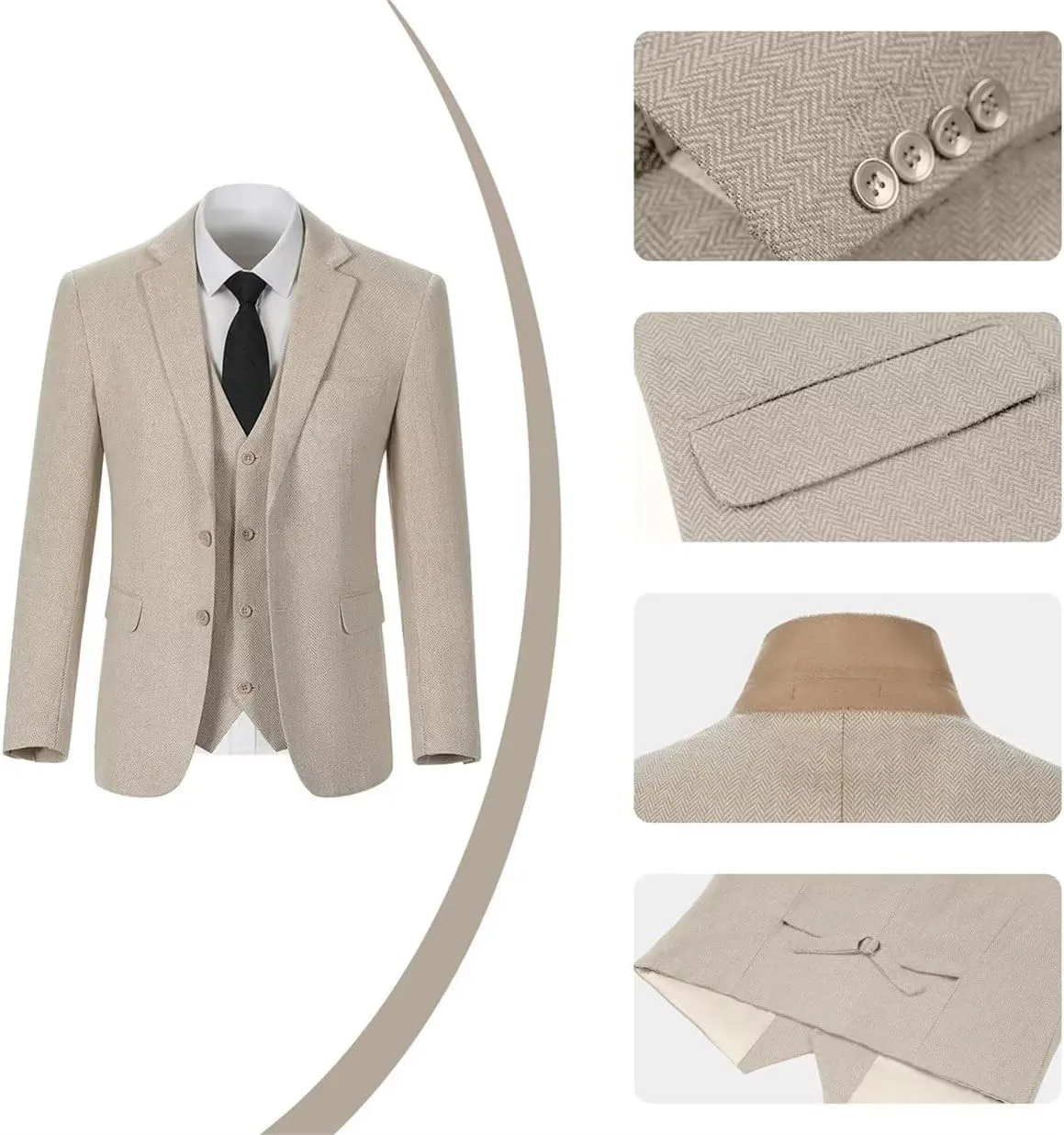 Retro Mens 3 Piece Suit Tweed Herringbone Slim Fit Suits Groomsmen Brown Tuxedos Set Prom Jacket Blazer Vest Pants for Men