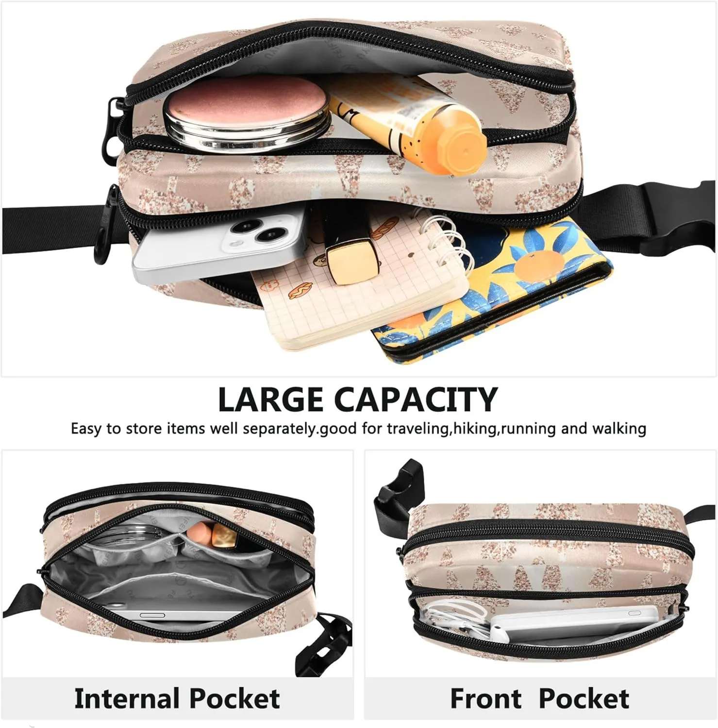 Rose Gold Christmas Trees Women Fanny Packs Waterproof Anti Theft Belt Bag Cute Waist Pack for Women
