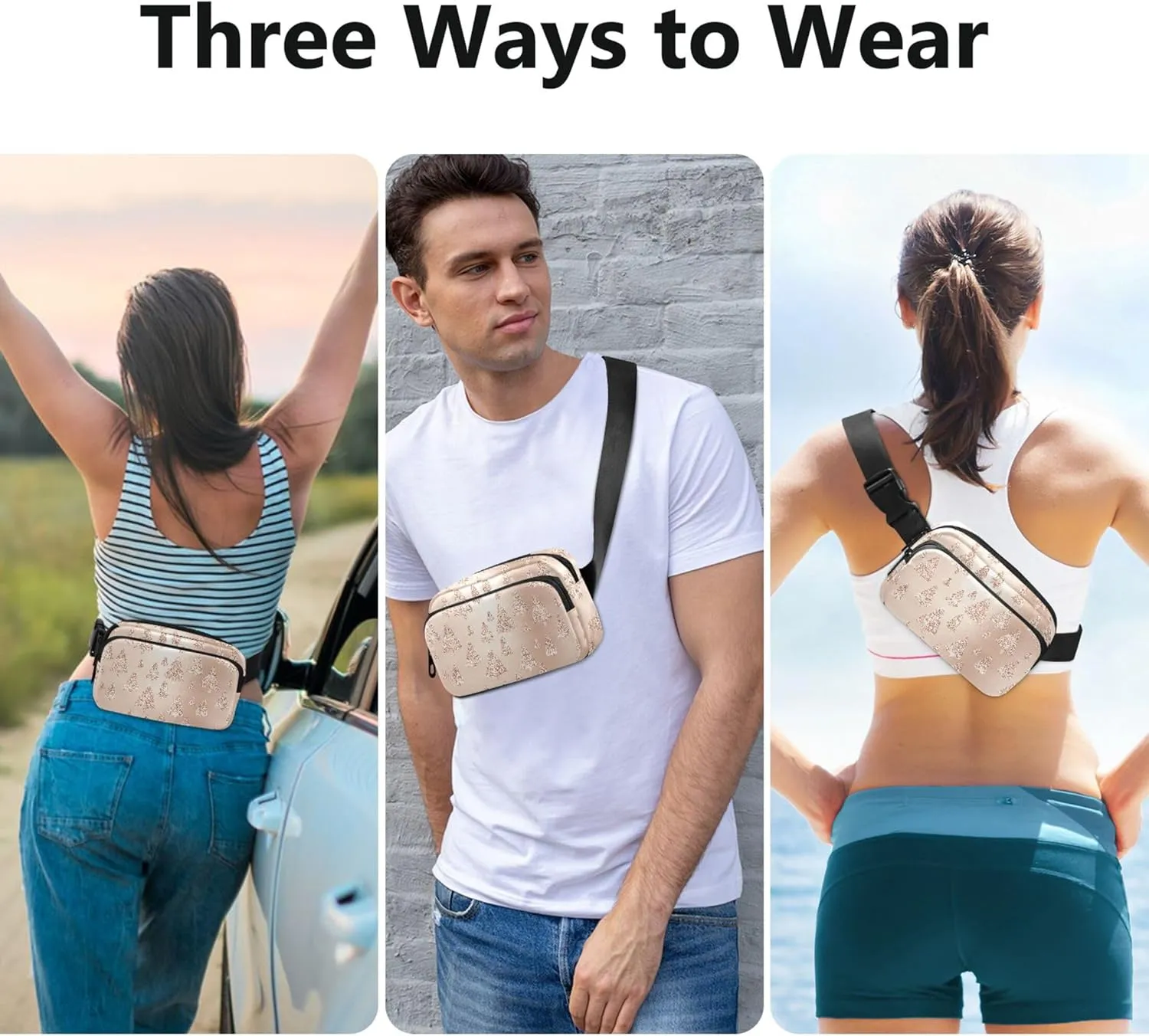 Rose Gold Christmas Trees Women Fanny Packs Waterproof Anti Theft Belt Bag Cute Waist Pack for Women